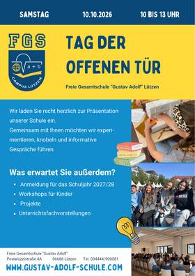 Tag der offenen Tür Plakat A4 mit Fotos und grafische Elementen in gelb und blau Farben